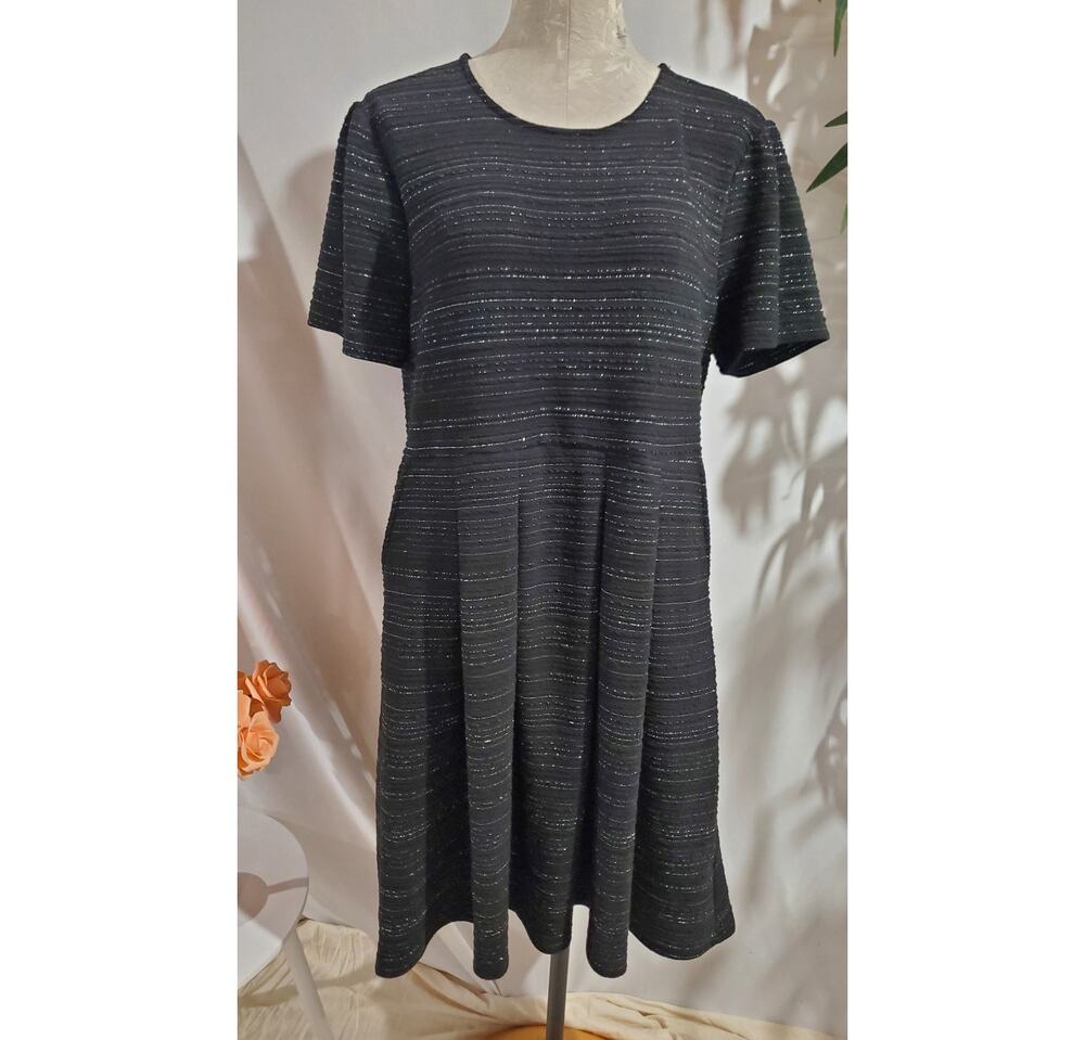 Draper James Metallic Stripe Textured Pleat Dress Size XL Holiday Black Pockets